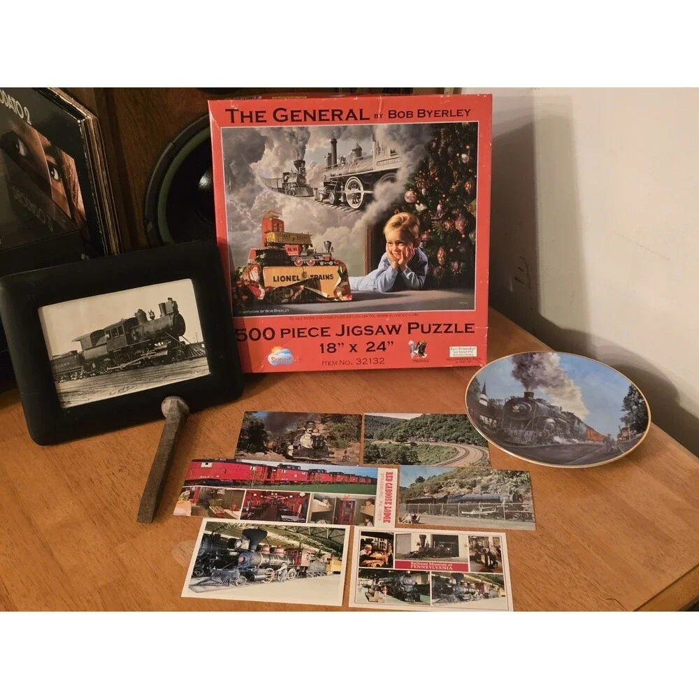 Vintage Railroadiana Collector Lot: SunsOut Puzzle, B&W Photo, Plate, Spike &...